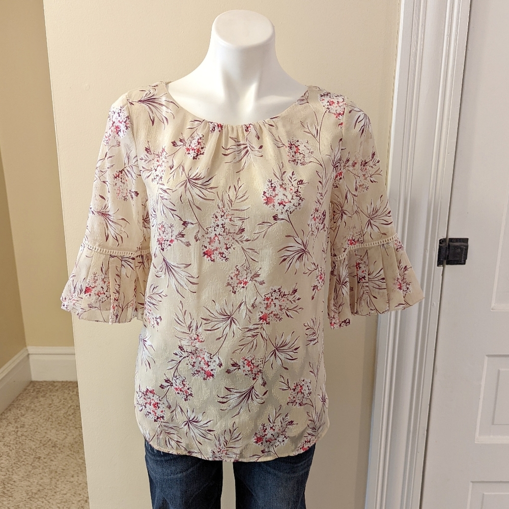 Ann Taylor tan blouse with purple and bright pink floral print size XS